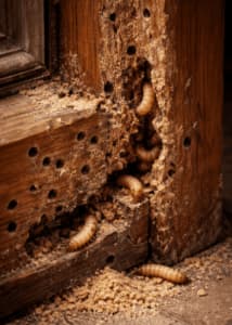 Larve del legno in porta danneggiata