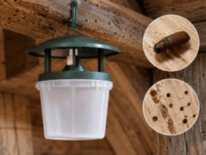 Trappola per insetti appesa a trave in legno