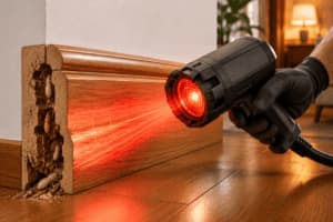 Ispezione termiti nel battiscopa con scanner rosso