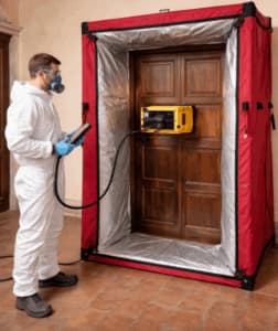 Tecnico con tuta protettiva tratta porta in camera sigillata
